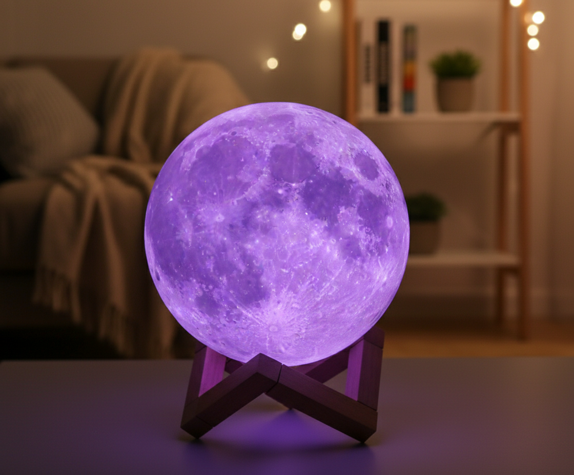 3D Moon Lamp with Wooden Stand - 16 Color LED Night Light